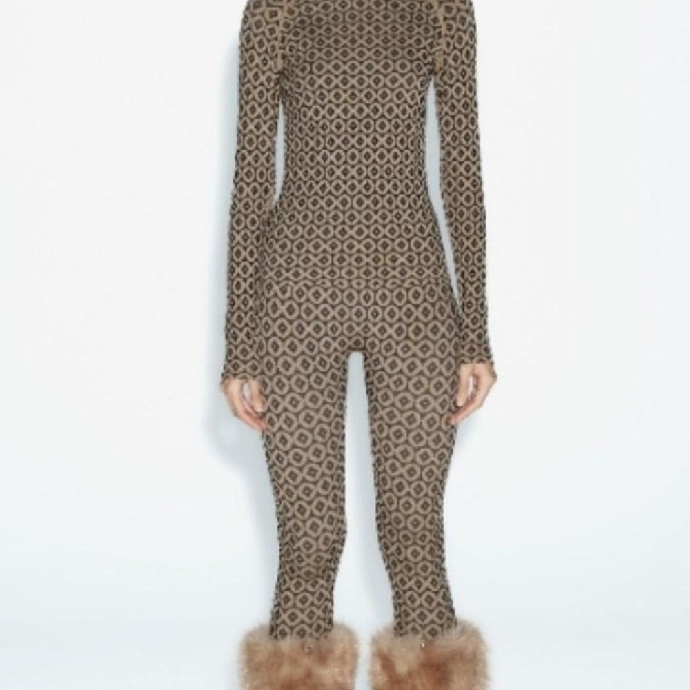 Zara Brown Geometric Jumpsuit with Fur Trim